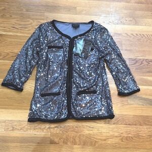 IMAN Silver Sequin Open Front Jacket Black Braided Trim Womens Medium NWT